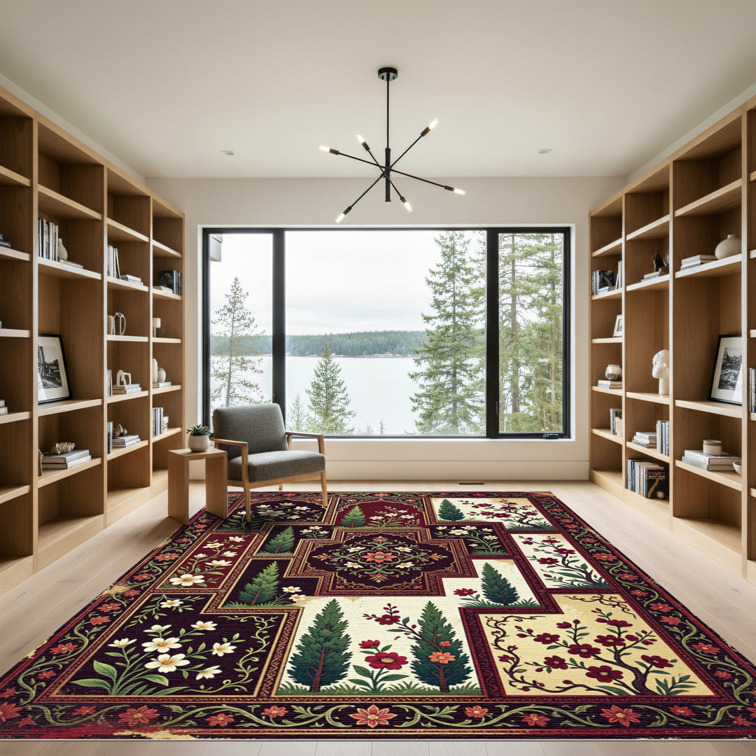 Exotic Red Floral Garden Inlay Art Rug