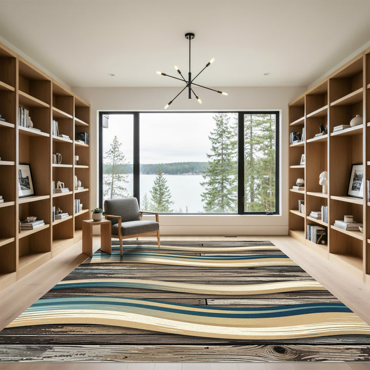Wavy Blue Beige Wood Plank Rug