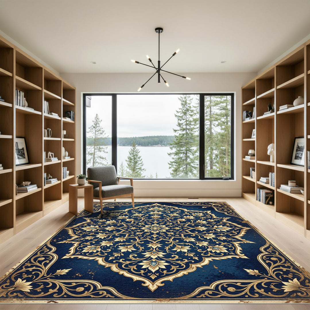 Ornate Golden Flower Navy Round Rug