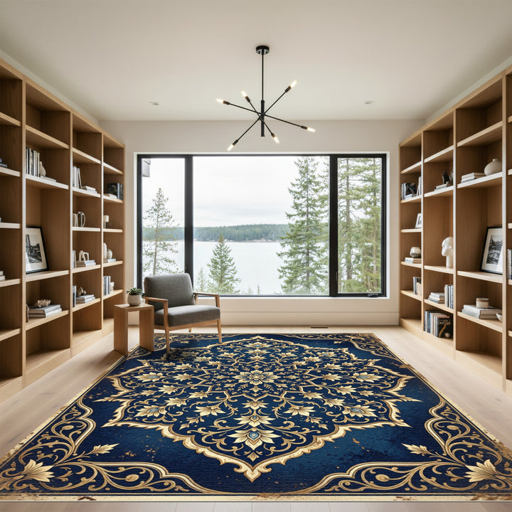 Ornate Golden Flower Navy Round Rug