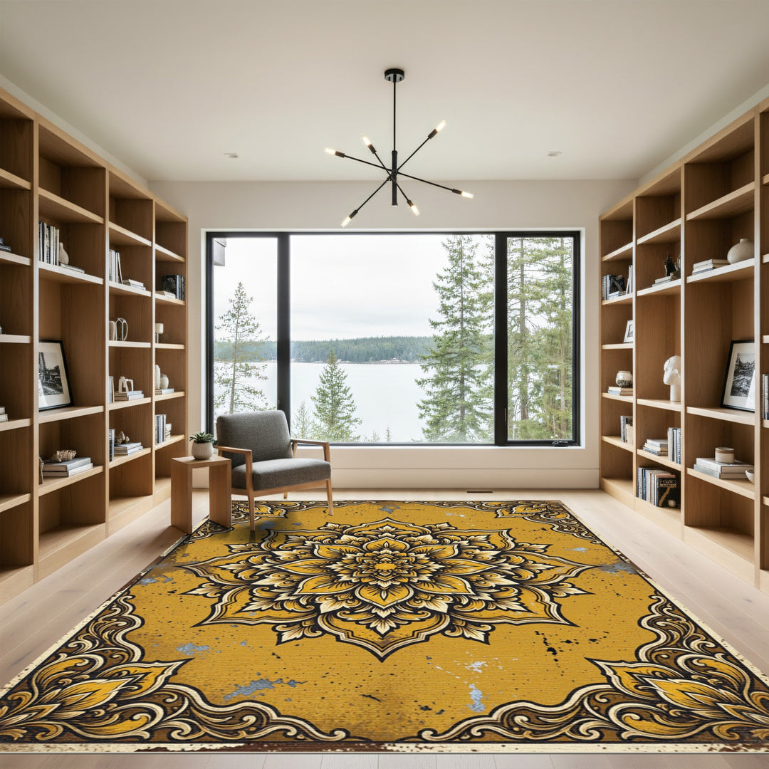 Golden Yellow Ornate Mandala Rug