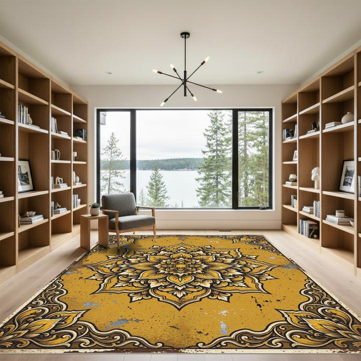 Golden Yellow Ornate Mandala Rug