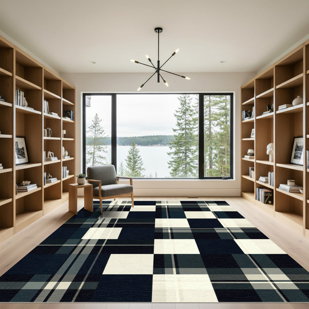 Dark Blue Cream Plaid Checkered Rug