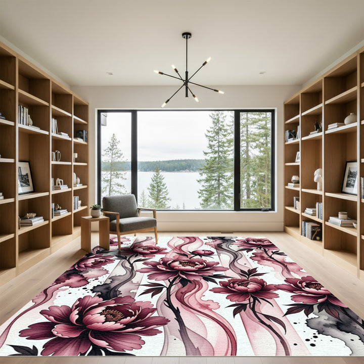 Deep Plum Floral Watercolor Swirls Rug