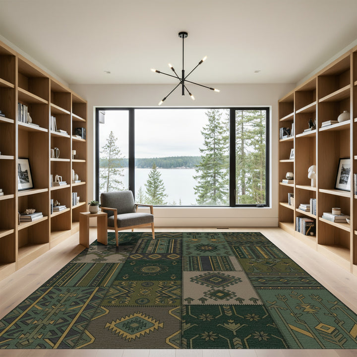 Army Green Geometric Patchwork Medallion Rug