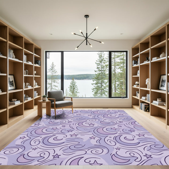 Whimsical Lavender Moon Stars Swirl Rug