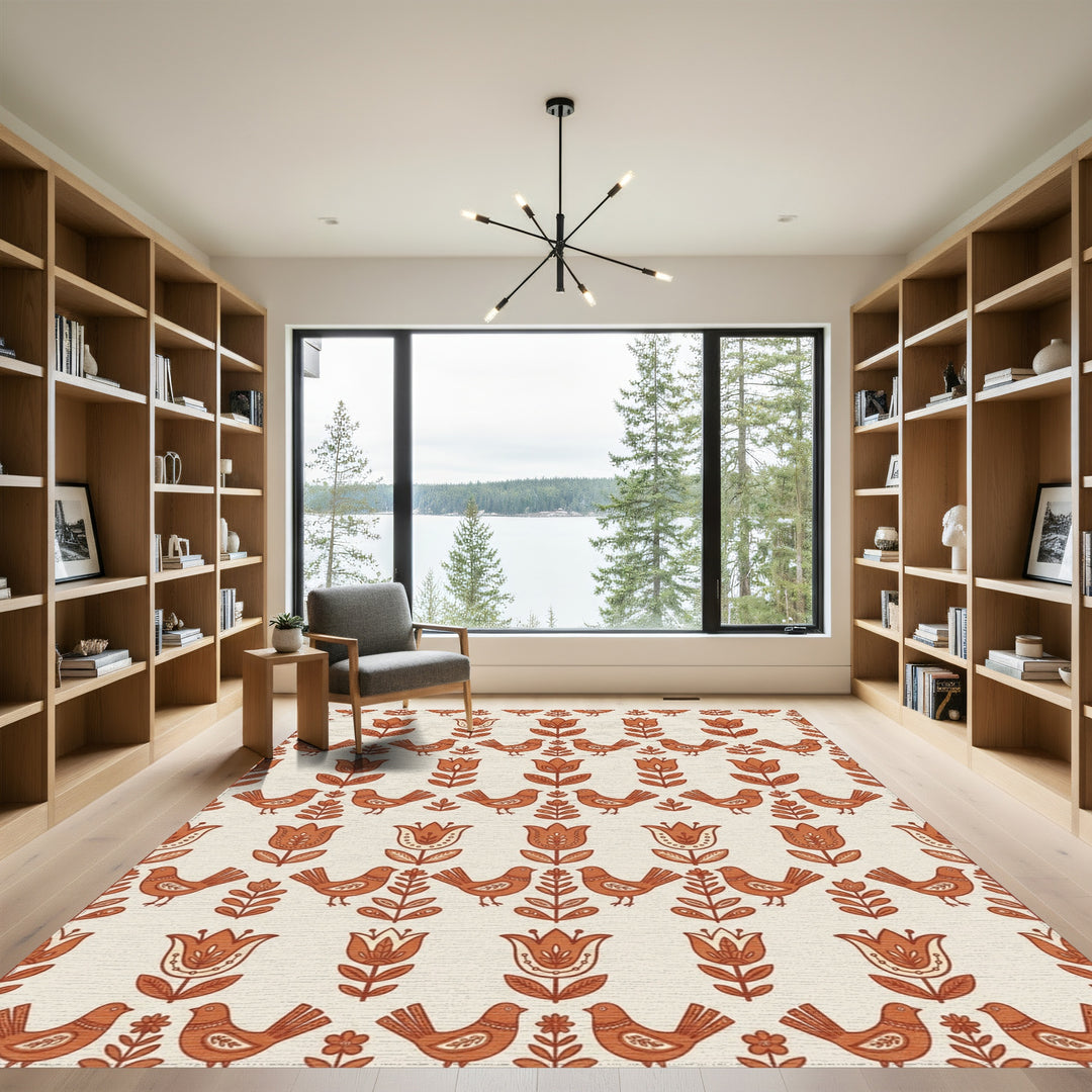 Terracotta Folk Bird Tulip Repeat Rug