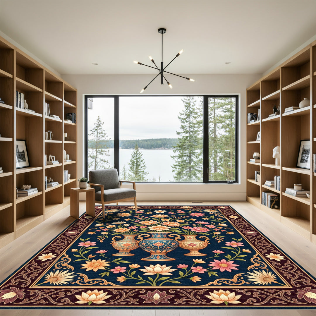 Ornate Blue Vase Floral Arrangement Rug