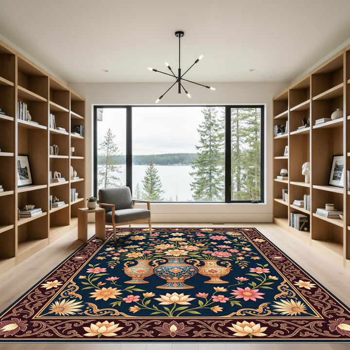 Ornate Blue Vase Floral Arrangement Rug