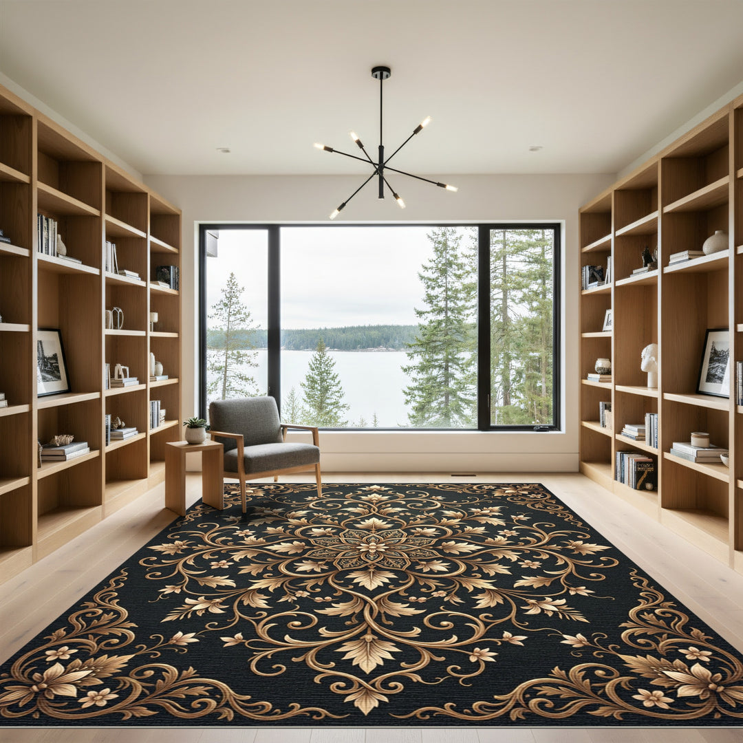 Golden Floral Acanthus Scrollwork Rug
