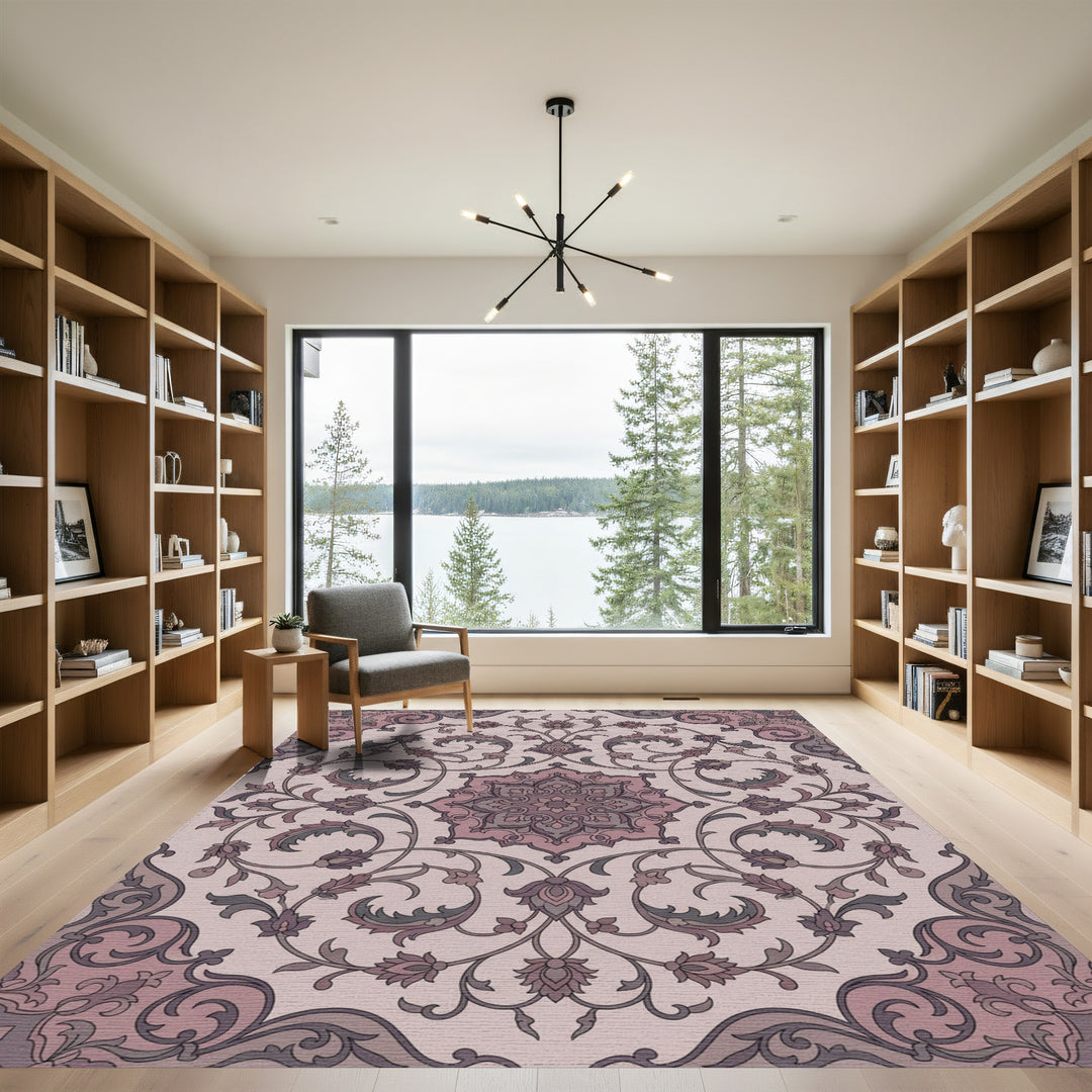 Mauve Floral Arabesque Scrollwork Rug