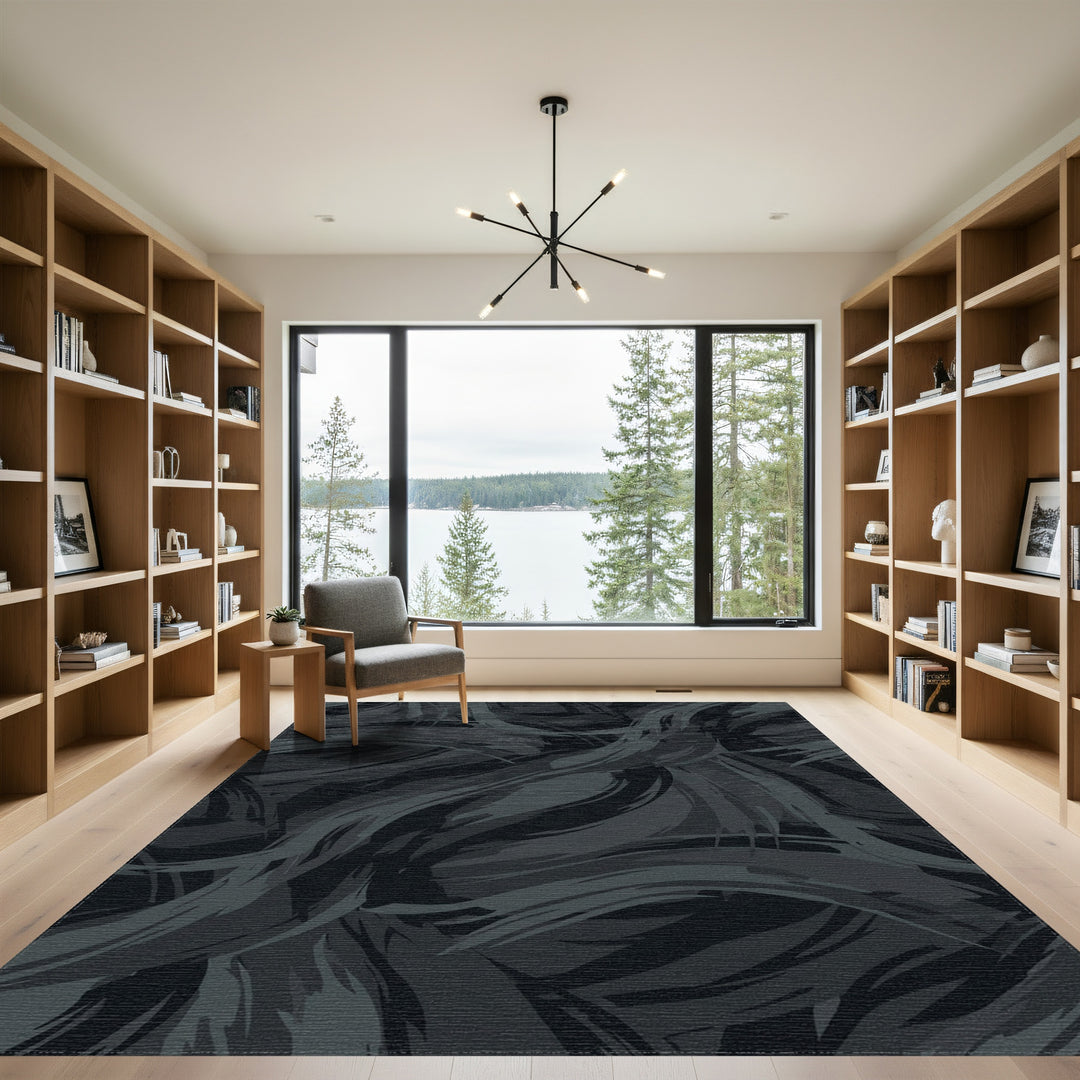 Dark Grayscale Abstract Brushstroke Waves Rug