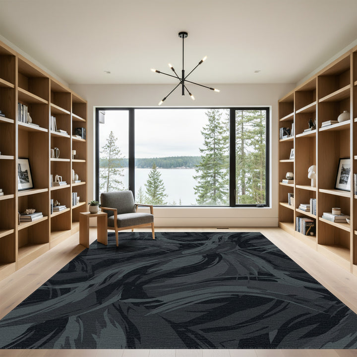 Dark Grayscale Abstract Brushstroke Waves Rug