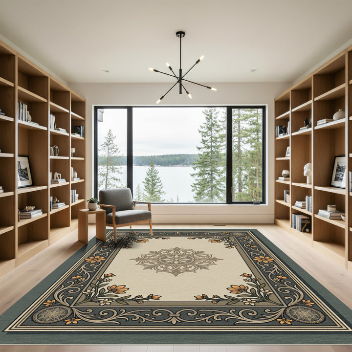 Ornate Floral Medallion Border Rug