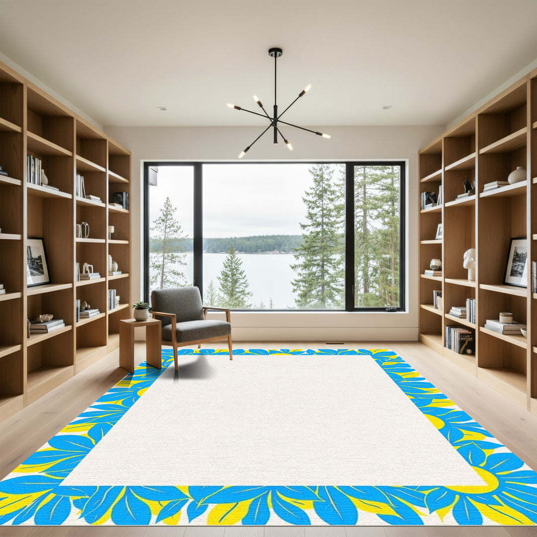 Bold Blue Yellow Floral Border Rug
