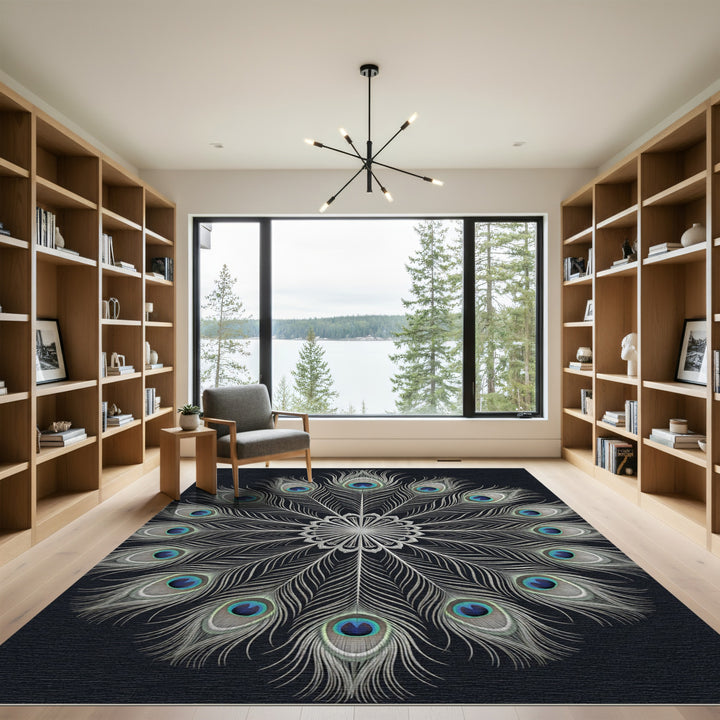 Elegant Peacock Feather Mandala Rug
