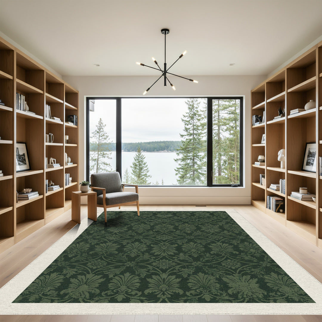 Deep Forest Crested Floral Damask Rug