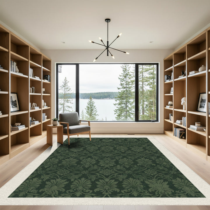 Deep Forest Crested Floral Damask Rug