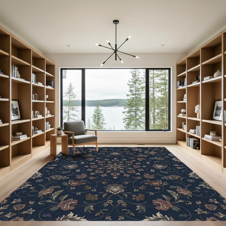 Deep Blue Floral Medallion Scroll Rug