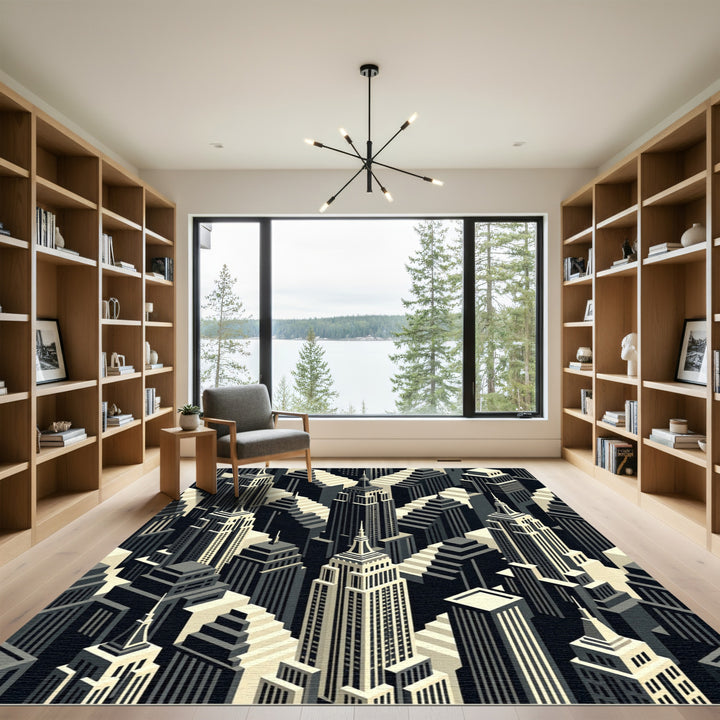 Art Deco Monochrome Cityscape Buildings Rug