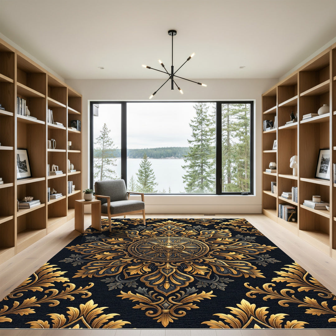 Ornate Gold Black Floral Filigree Rug