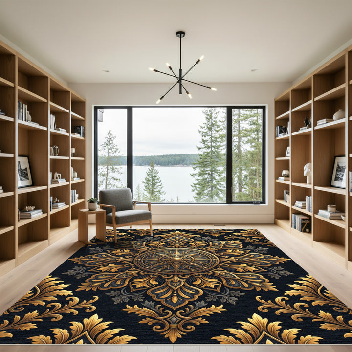 Ornate Gold Black Floral Filigree Rug