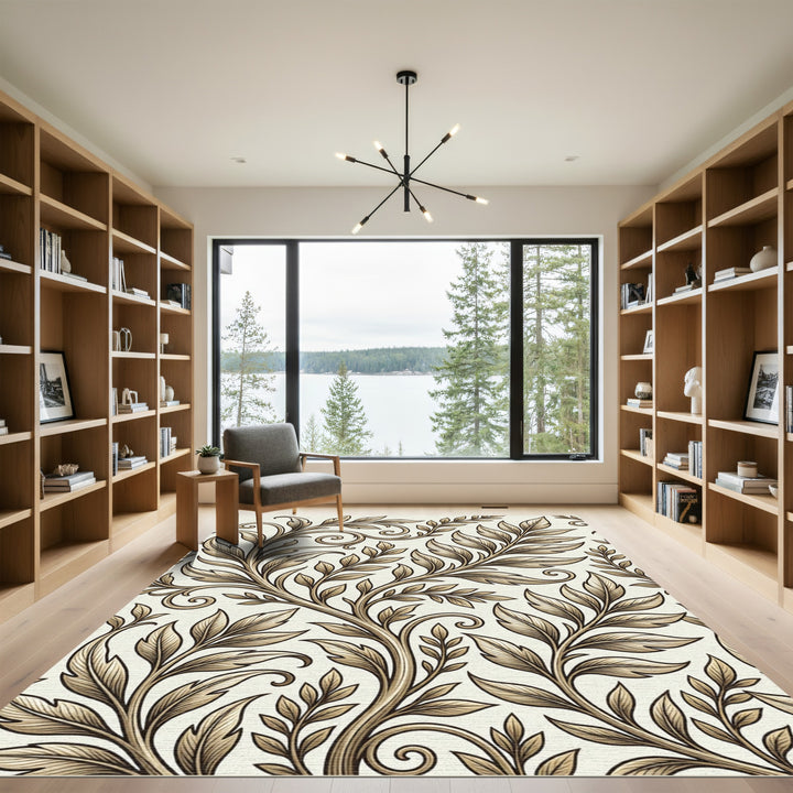 Elegant Gold Acanthus Leaf Scrollwork Rug