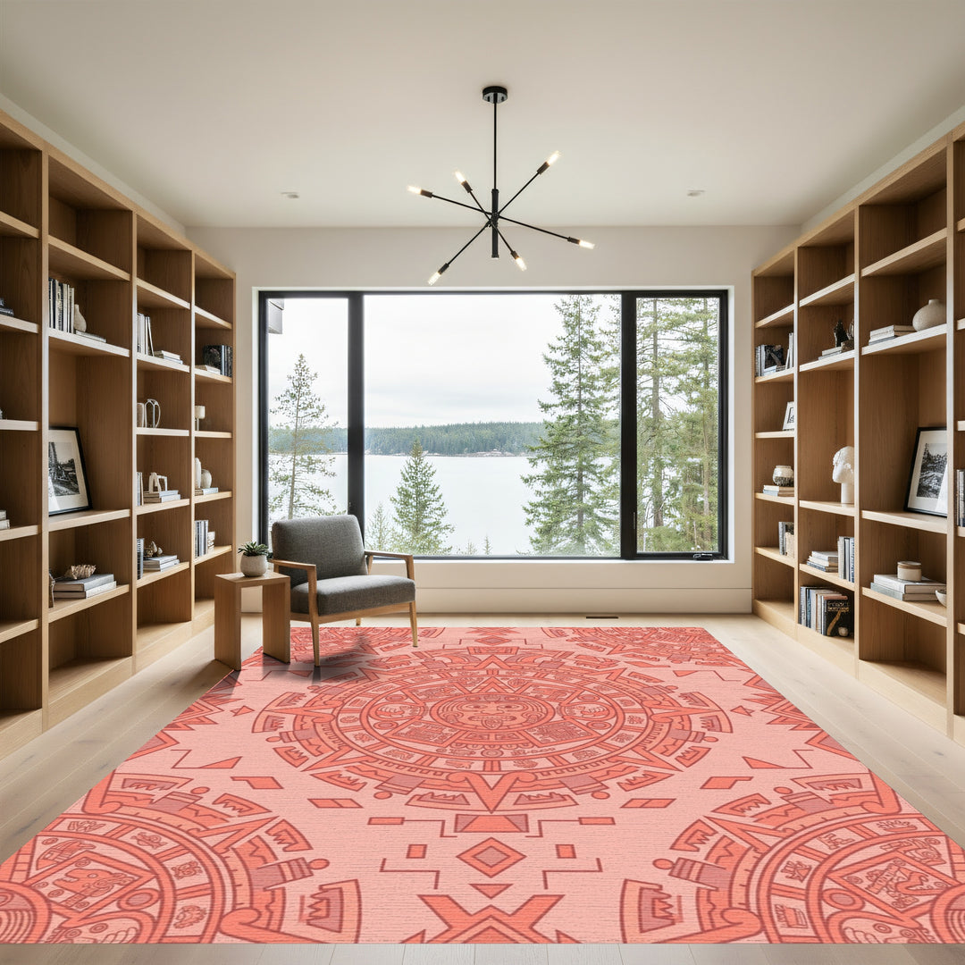 Coral Sunrise Mesoamerican Sun Stone Rug