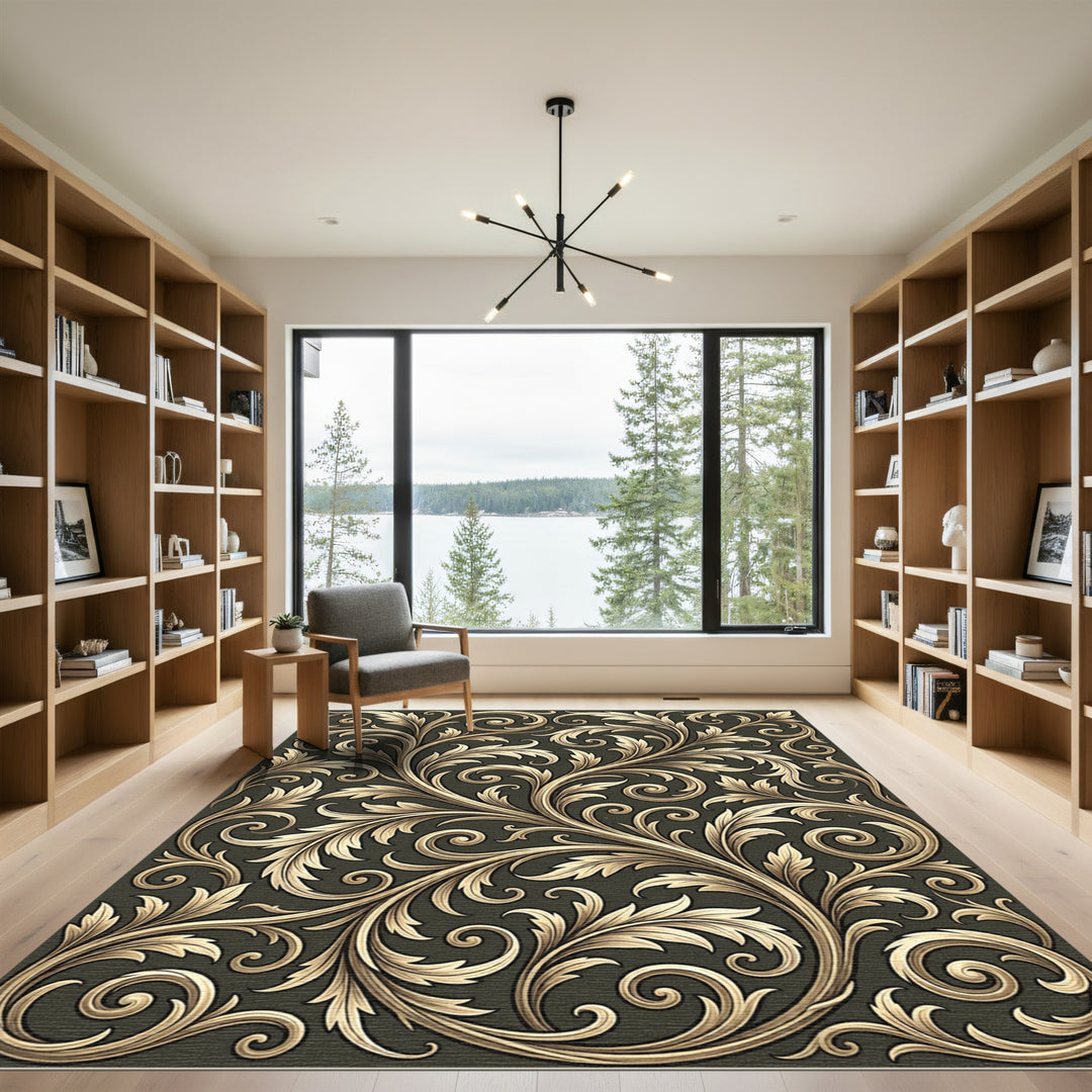 Ornate Golden Flourish Scrollwork Rug
