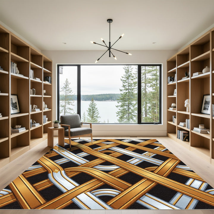 Gold Silver Interwoven Geometric Lattice Rug