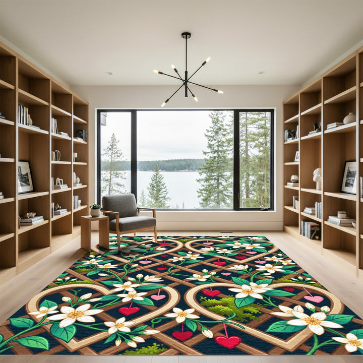 White Blossoms and Hearts Trellis Rug