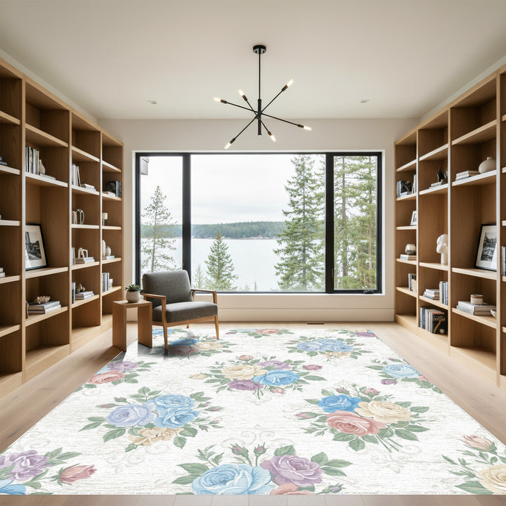 Pastel Rose Bouquet Vintage Scroll Rug
