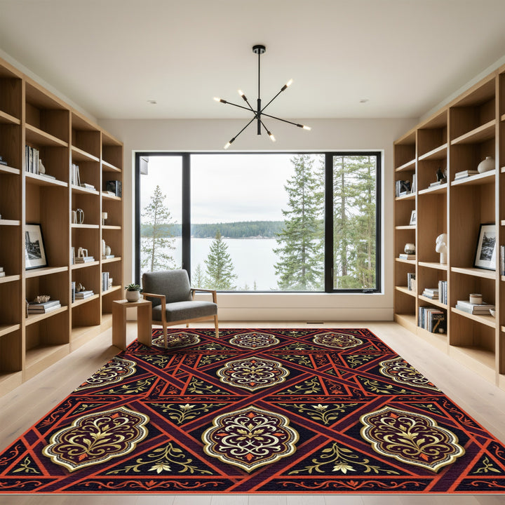 Luxury Gold Red Geometric Floral Rug