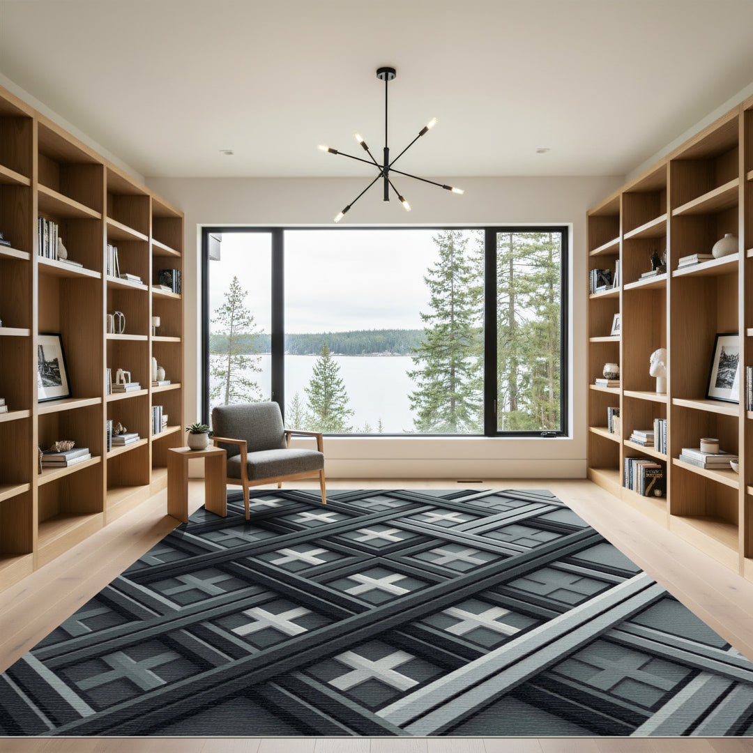 Grayscale Geometric Interlocking Square Rug