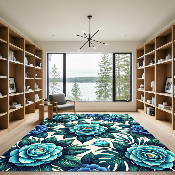 Blue Teal Camellia Botanical Garden Rug