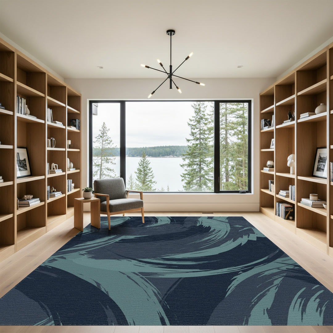 Deep Teal Brushstroke Abstract Swirls Rug