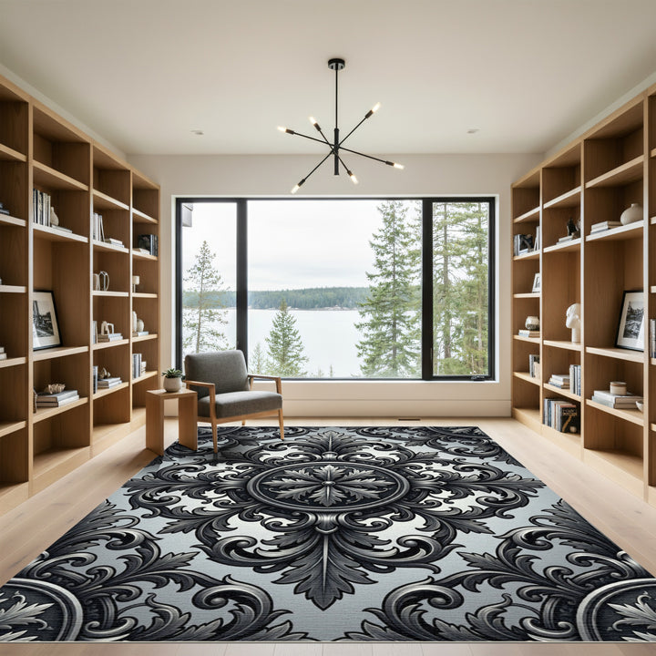 Ornate Black and White Acanthus Scrollwork Rug