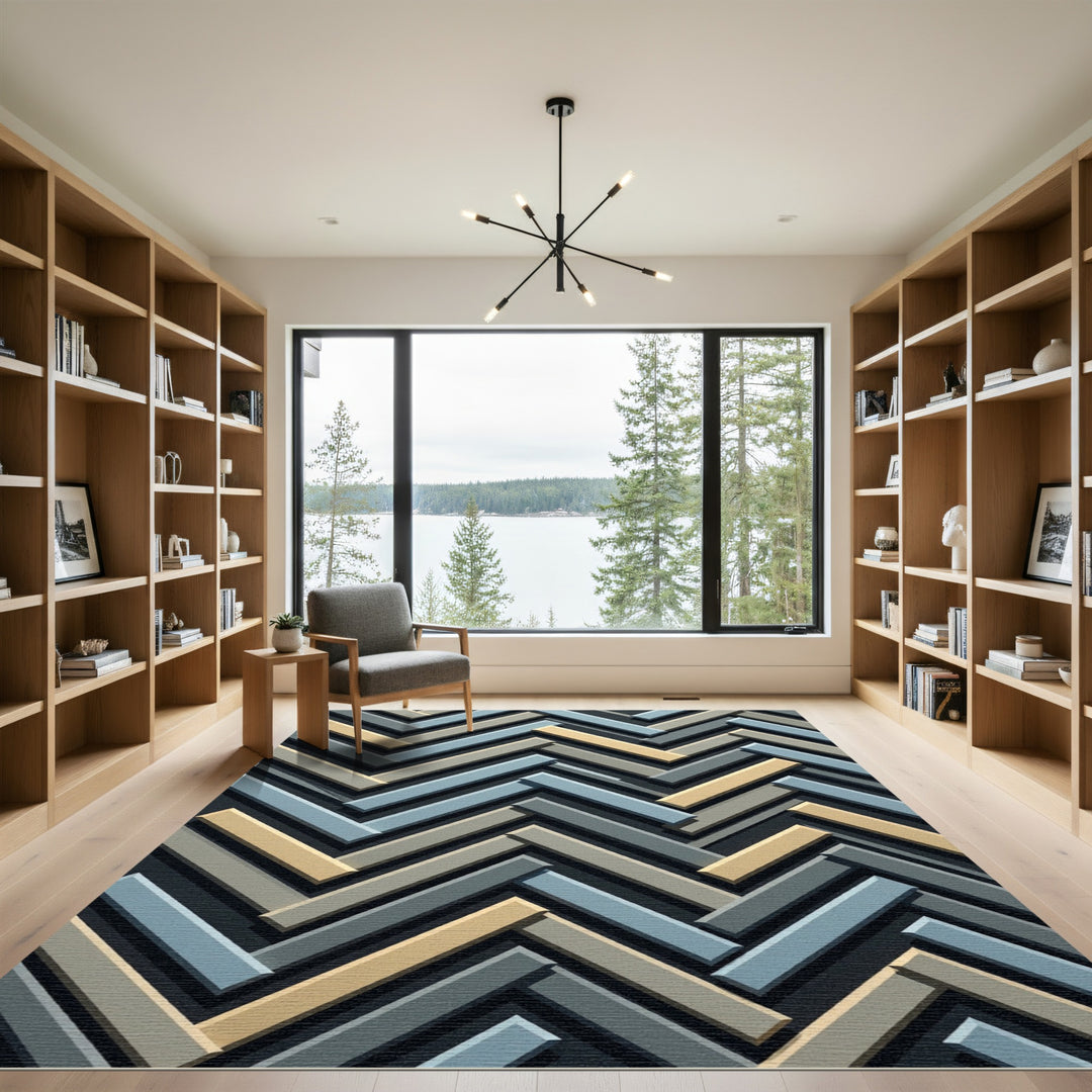 Abstract Chevron Blue Beige Gray Rug