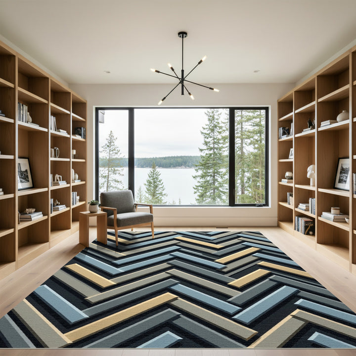 Abstract Chevron Blue Beige Gray Rug