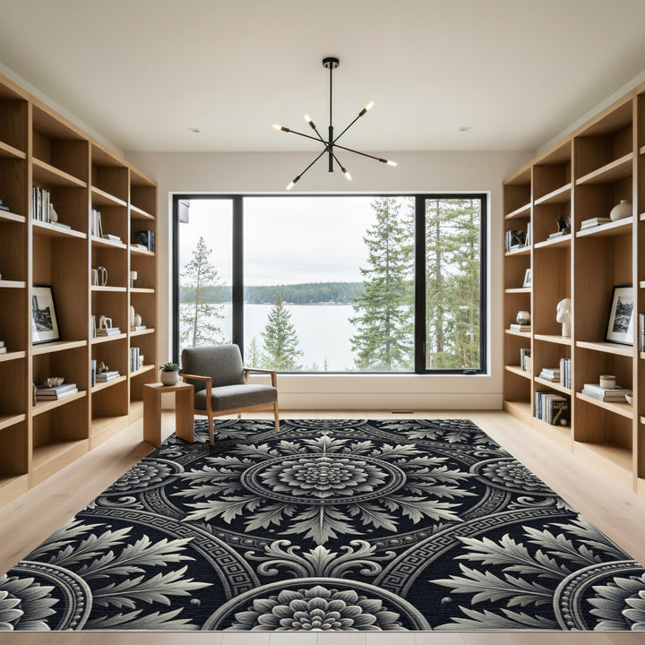 Grayscale Ornate Floral Medallion Rug