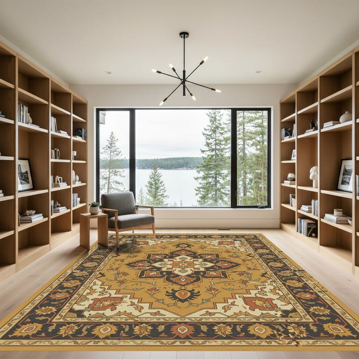 Golden Ochre Floral Medallion Border Rug