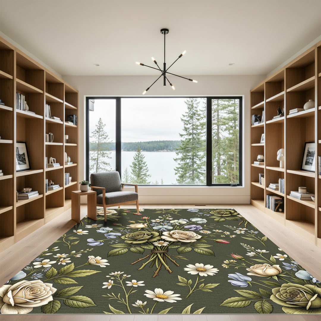 Vintage Cream Rose Botanical Garden Rug