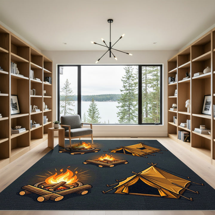 Golden Campfire Tent Illustration Rug