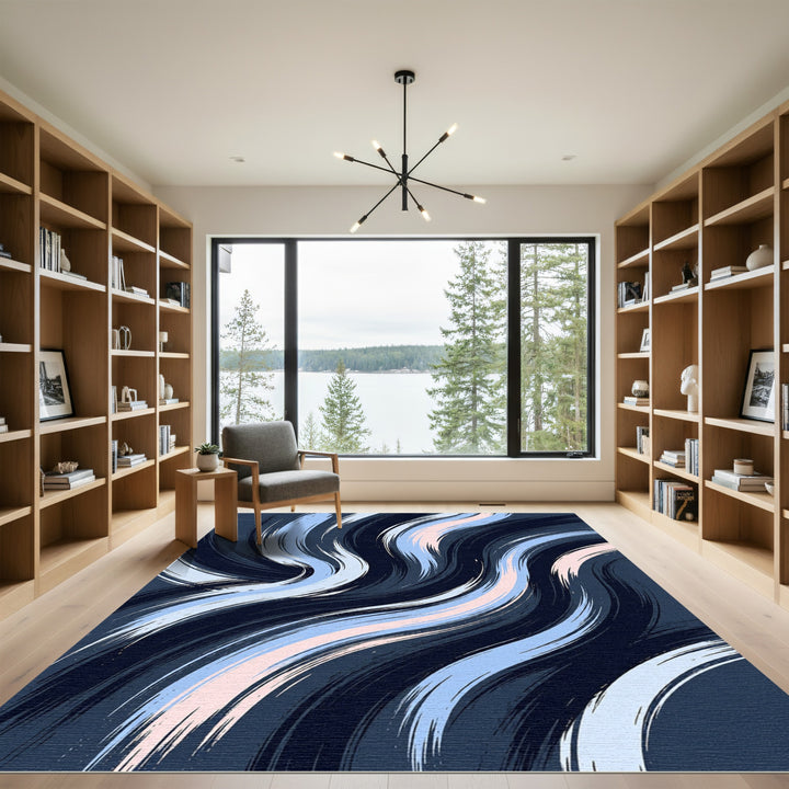 Dark Blue Abstract Brush Stroke Waves Rug