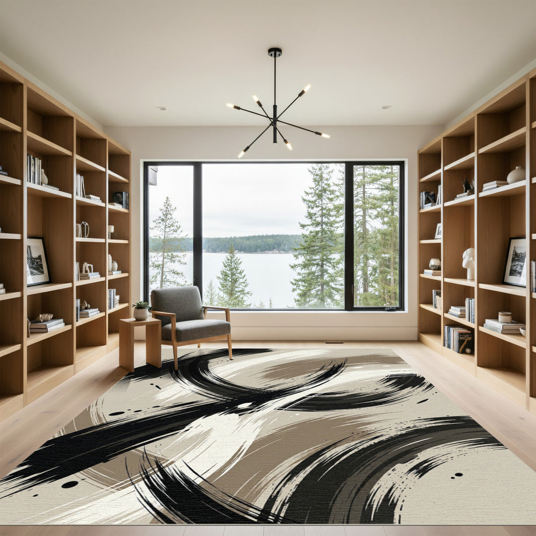 Abstract Black Sepia Brushstroke Rug