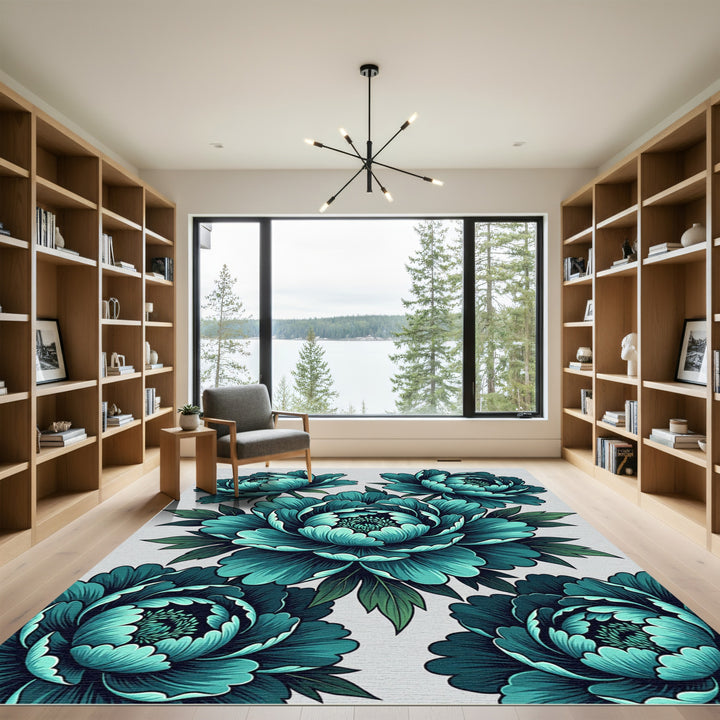 Teal Peony Floral Art Rug
