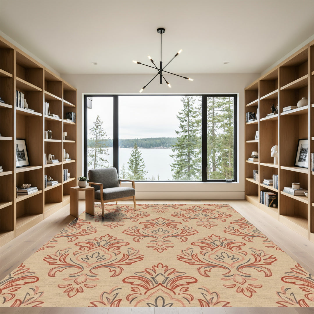 Terracotta Floral Damask Scrolling Vine Rug