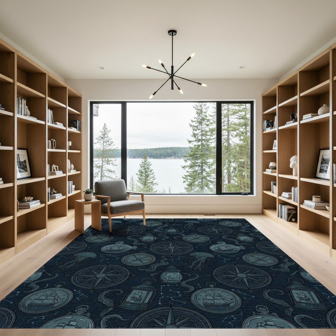 Nautical Compass Jellyfish Lantern Ship Bottle Rug