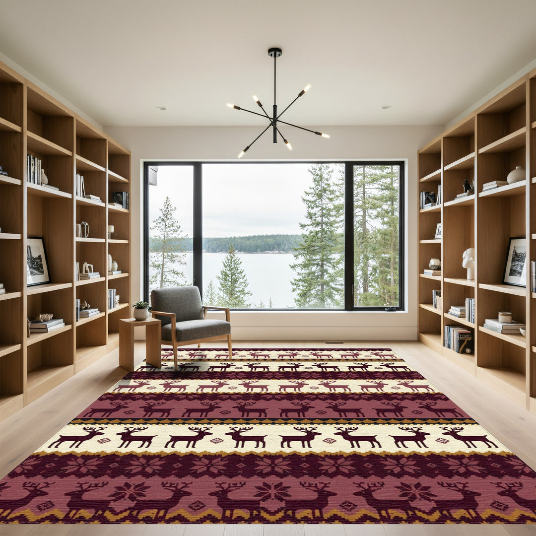 Warm Burgundy Reindeer Nordic Stripe Rug