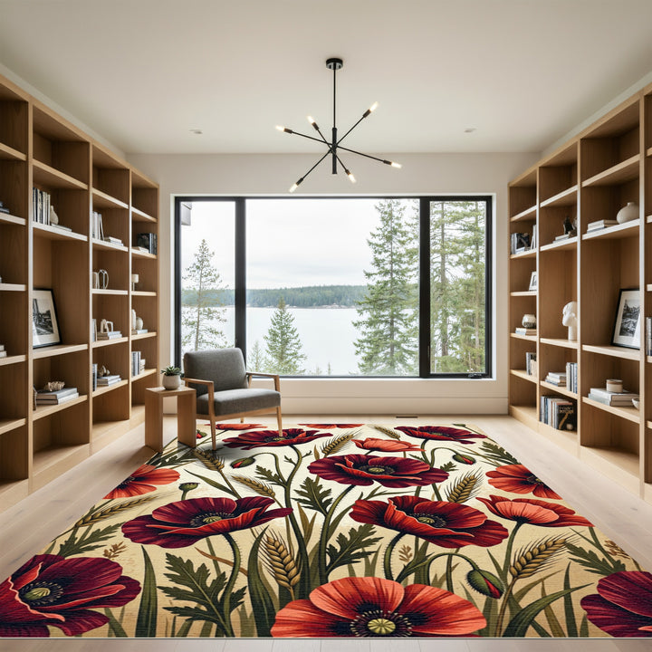 Crimson Poppy Wheat Field Meadow Rug